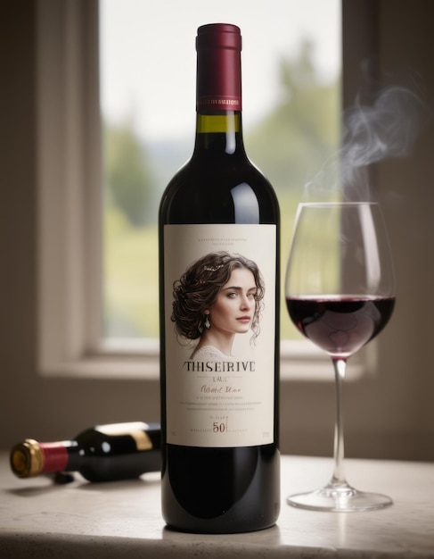 Photo a bottle of wine with a womans face and a glass of wine