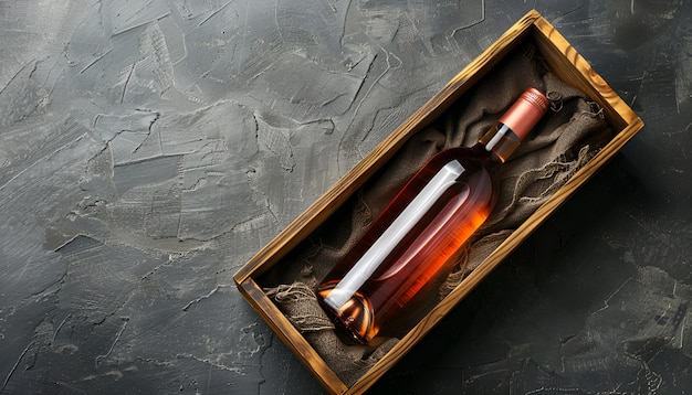 Bottle of wine in wooden box cork and corkscrew on dark textured table above view