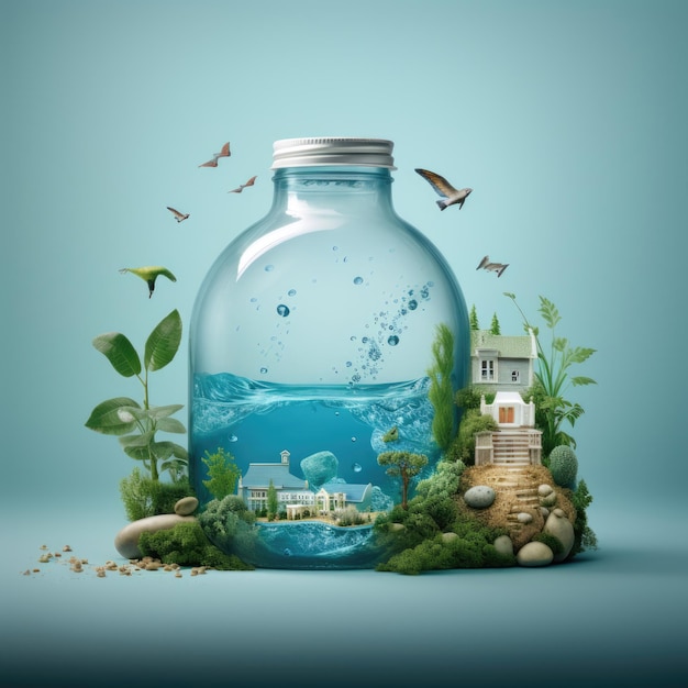 a bottle with a blue water and a house on the bottom