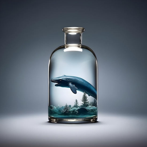 A bottle with a blue whale in it