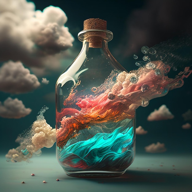 Bottle with Clouds and Lightning Glass Jar with Colored Clouds Generative AI Illustration