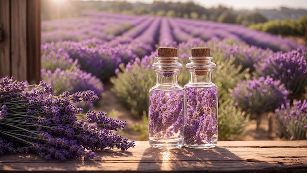 Bottle with cosmetic oil on the background of a lavender field