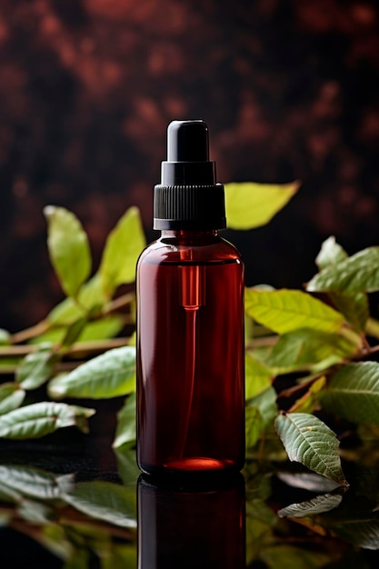 Bottle with cosmetics and herbal leaves Selective focus Nature