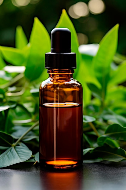 Bottle with cosmetics and herbal leaves Selective focus Nature