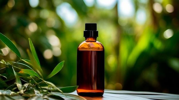 Bottle with cosmetics and herbal leaves Selective focus Nature