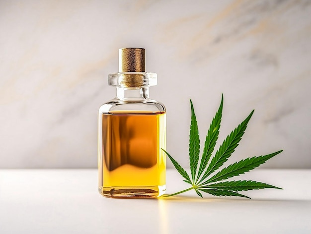 bottle with essential oil on a light background with marijuana leaves generated ai