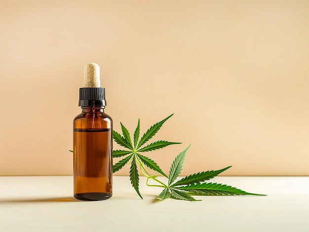 bottle with essential oil on a light background with marijuana leaves generated ai