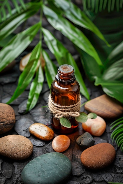 Bottle with essential oil on stones with leaves Selective focus