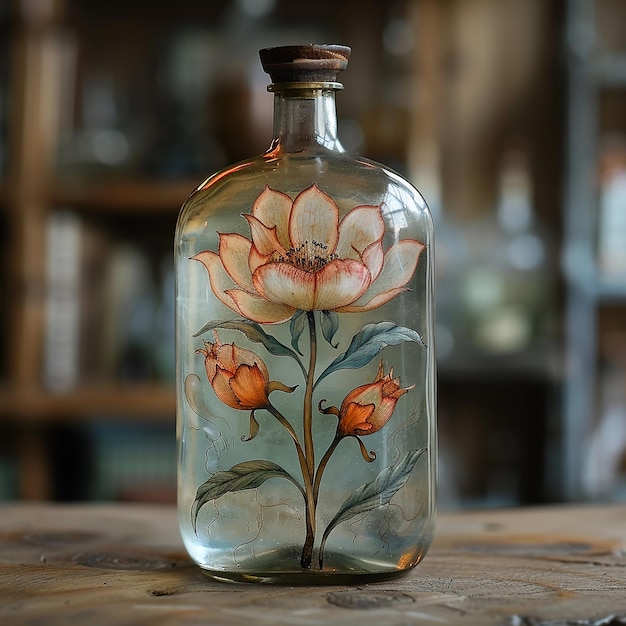 Bottle with Flower and Flowers Label