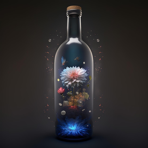 A bottle with flowers and a blue bottle with a gold cap.