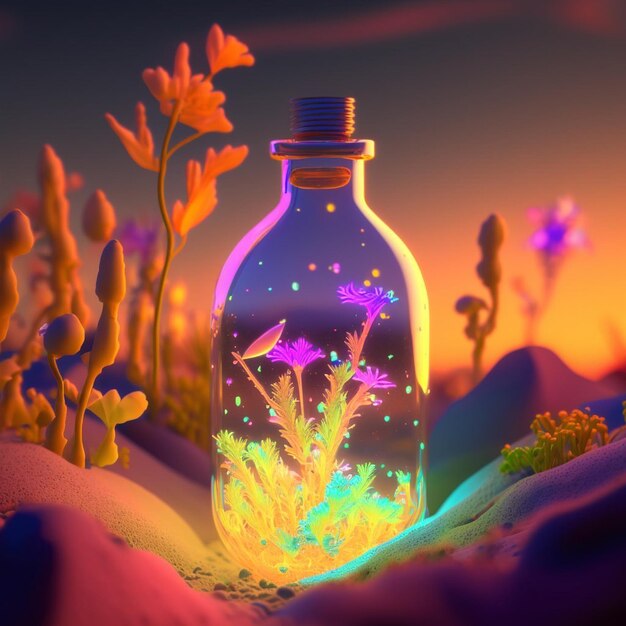 A bottle with flowers inside of it with a colorful background.