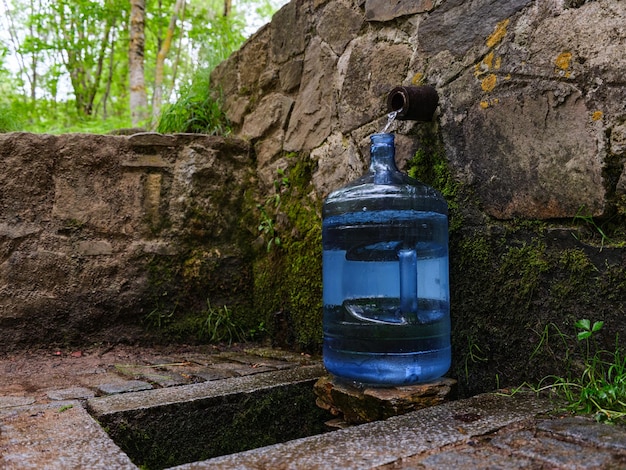 Bottle with fresh cold natural spring water from source