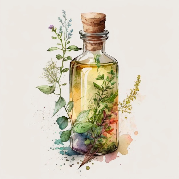 Bottle with herbal oil homeopathic herbs Watercolor drawing Generative AI