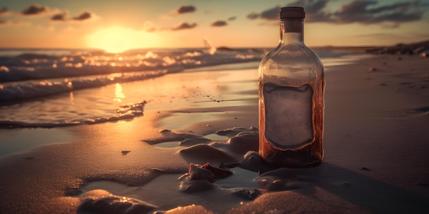 A bottle with a label on it sits on a beach at sunset.