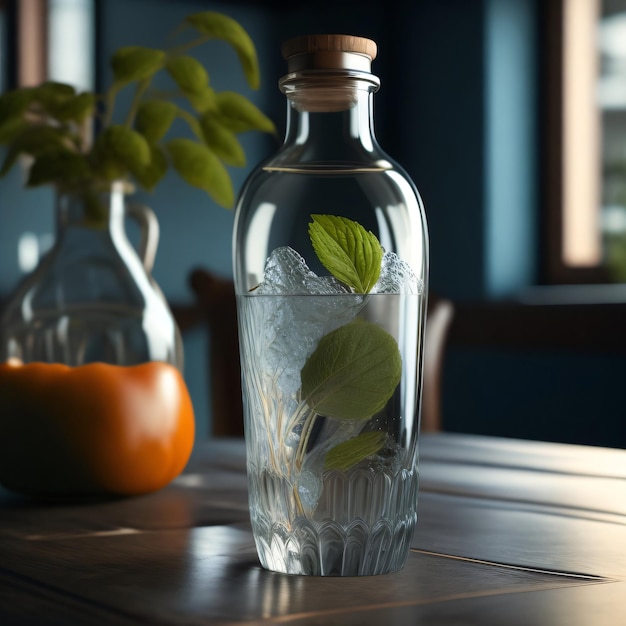 A bottle with leaves in it and a plant next to it