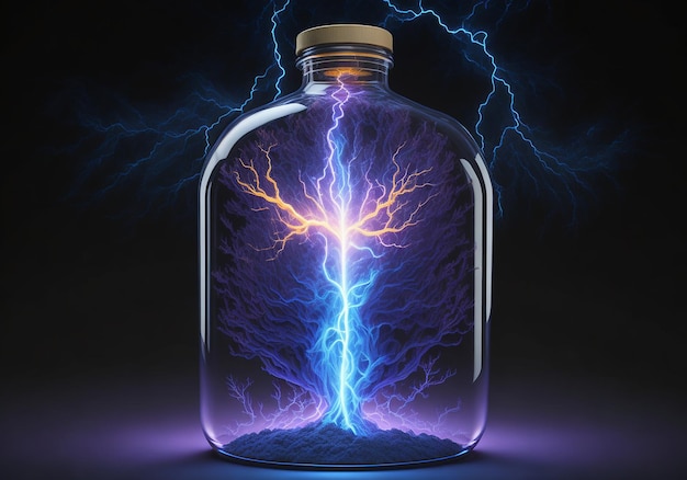 A bottle with lightning on it that is in a dark room