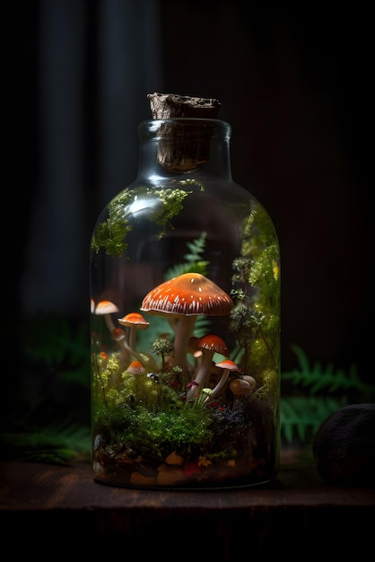 Bottle with mushrooms inside Fairytale background Generated AI