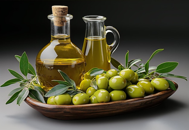 bottle with olive oil and olives