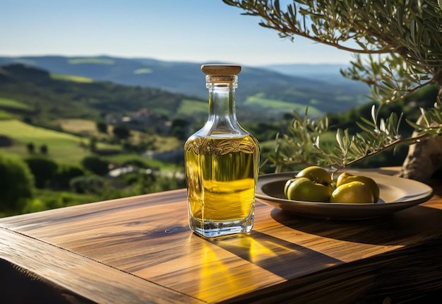 bottle with olive oil and olives