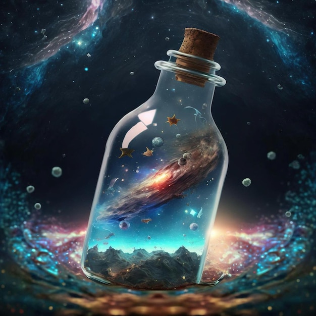 A bottle with a picture of a galaxy and a planet inside it.