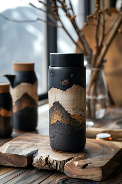 Photo a bottle with a picture of a mountain on it