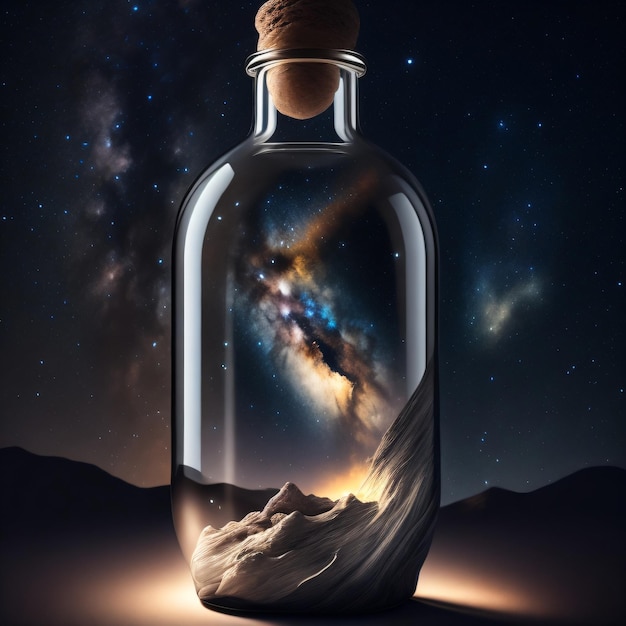 A bottle with a picture of a mountain and the milky way on it.