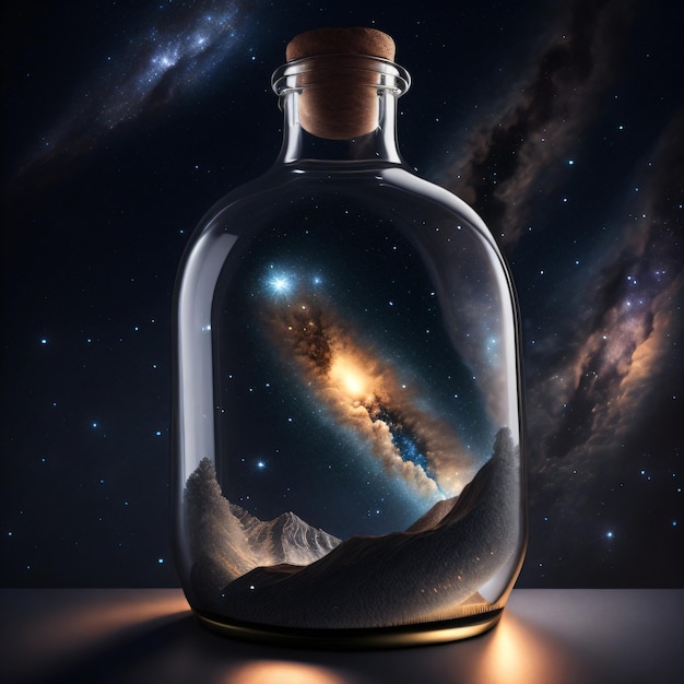 A bottle with a picture of a mountain and the universe in it.