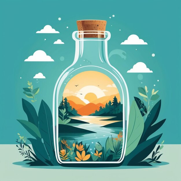 Photo a bottle with a picture of a river and trees