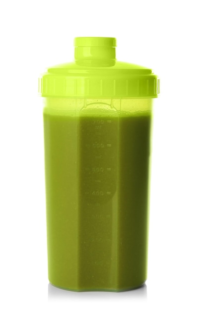 Bottle with protein shake on white background