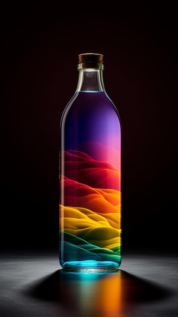 A bottle with a rainbow pattern on it