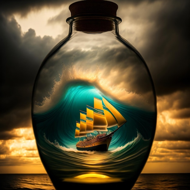 A bottle with a ship in it that has a large wave on the top.