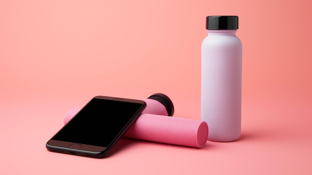 bottle with smartphone bottle pills and pills on pink background copy space