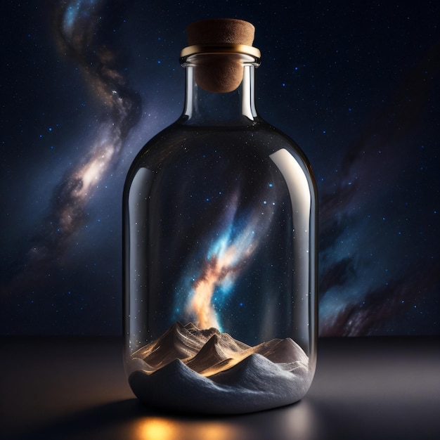 A bottle with a starry sky and a bottle with a starry sky in the background.