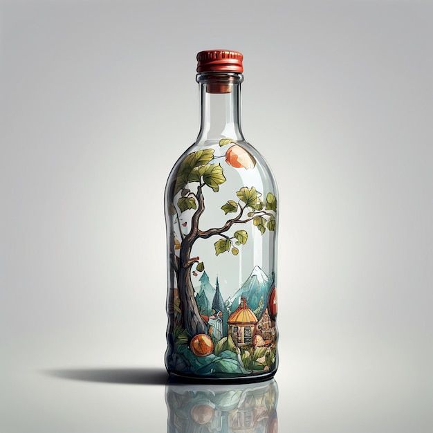 a bottle with a tree painted on it and the word quot peach quot on the bottom