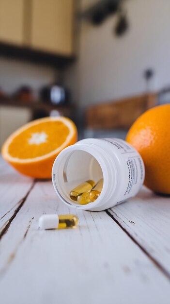 Photo bottle with vitamin pills and orange on white wooden table closeup