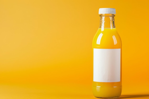 Photo bottle of yellow apple juice with a white blank label