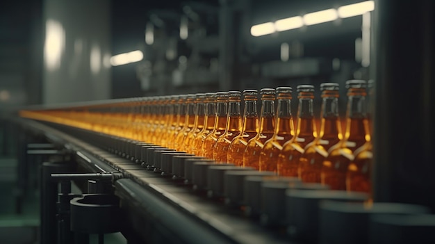 Bottled vegetable oil on conveyor automated machine being produced generated ai image