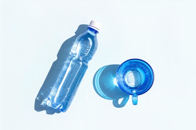 Bottled water A bottle of mineral water and glass of water with hard shadows on blue background Flat lay Top view