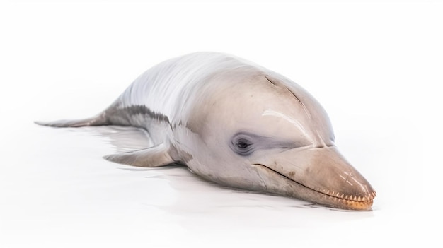 A bottlenose dolphin is lying on its side.