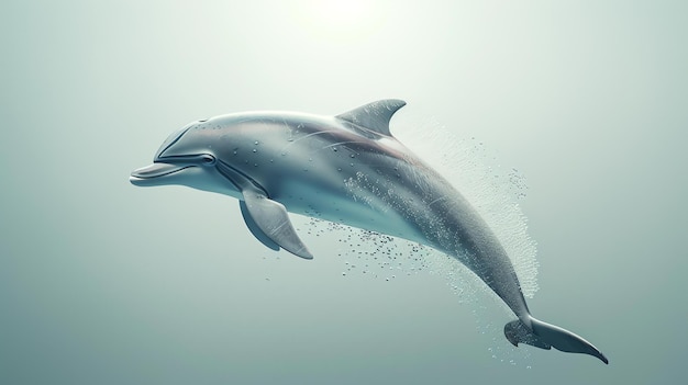 A bottlenose dolphin jumps out of the water The dolphin is sleek and gray and its body is covered in small droplets of water