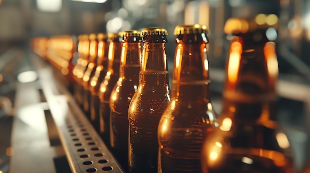 Bottles of beer on a conveyor belt in a brewery