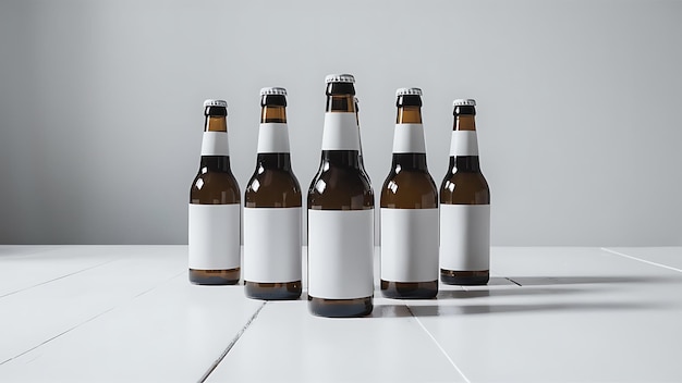 Bottles of beer with white blank labels on white background