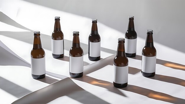 Bottles of beer with white blank labels on white background