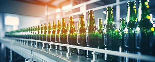 bottles on conveyor belt in beer factory Disinfection process and filling bootles banner