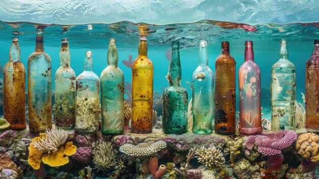 Bottles Among the Corals in Vivid Detail