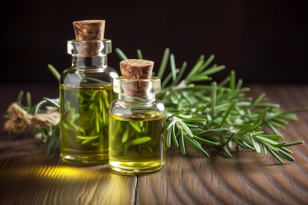 Bottles of essential oil with fresh rosemary twigs on wooden table Rosemary oil for hair growth in a small bottle surrounded with fresh rosemary leaves AI generated