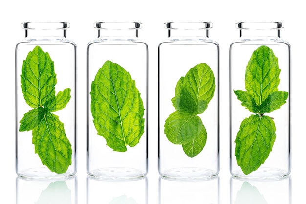 Bottles of essential oil with mint isolated on white background