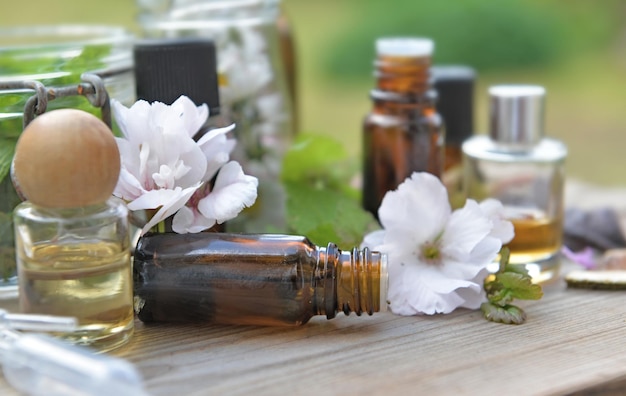 Bottles of essential oil with plant and flower on a wooden table in garden