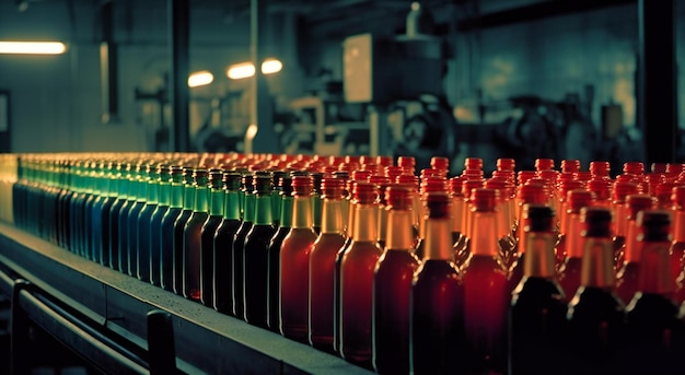 Bottles filling up on an assembly line in an industrial factory