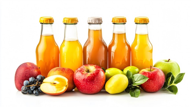 Bottles of Fresh Apple Juice with Fresh Fruits Isolated